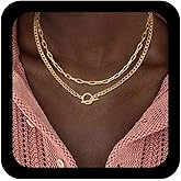 Andelaisi Boho Layered Paperclip Necklace Vintage Toggle Clasp Necklace Gold Paper Clip Chain Adjustable Circle T Bar Choker Jewelry for Women