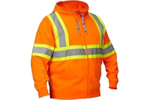 FORCEFIELD Hi-Vis Safety Hoodie with Attached Hood - Anti-Pilling Polyester, Full Zip, Kangaroo Pocket, Rib-Knit Cuffs & Hem