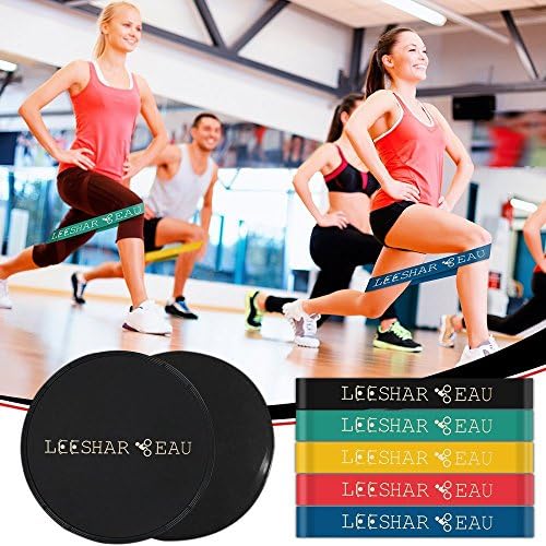 Core Exercise Sliders Gliding Discs Black 1 Pair and Resistance Loops Bands for Legs and Butt 5 Pack Portable for Workouts on Hardwood Carpet