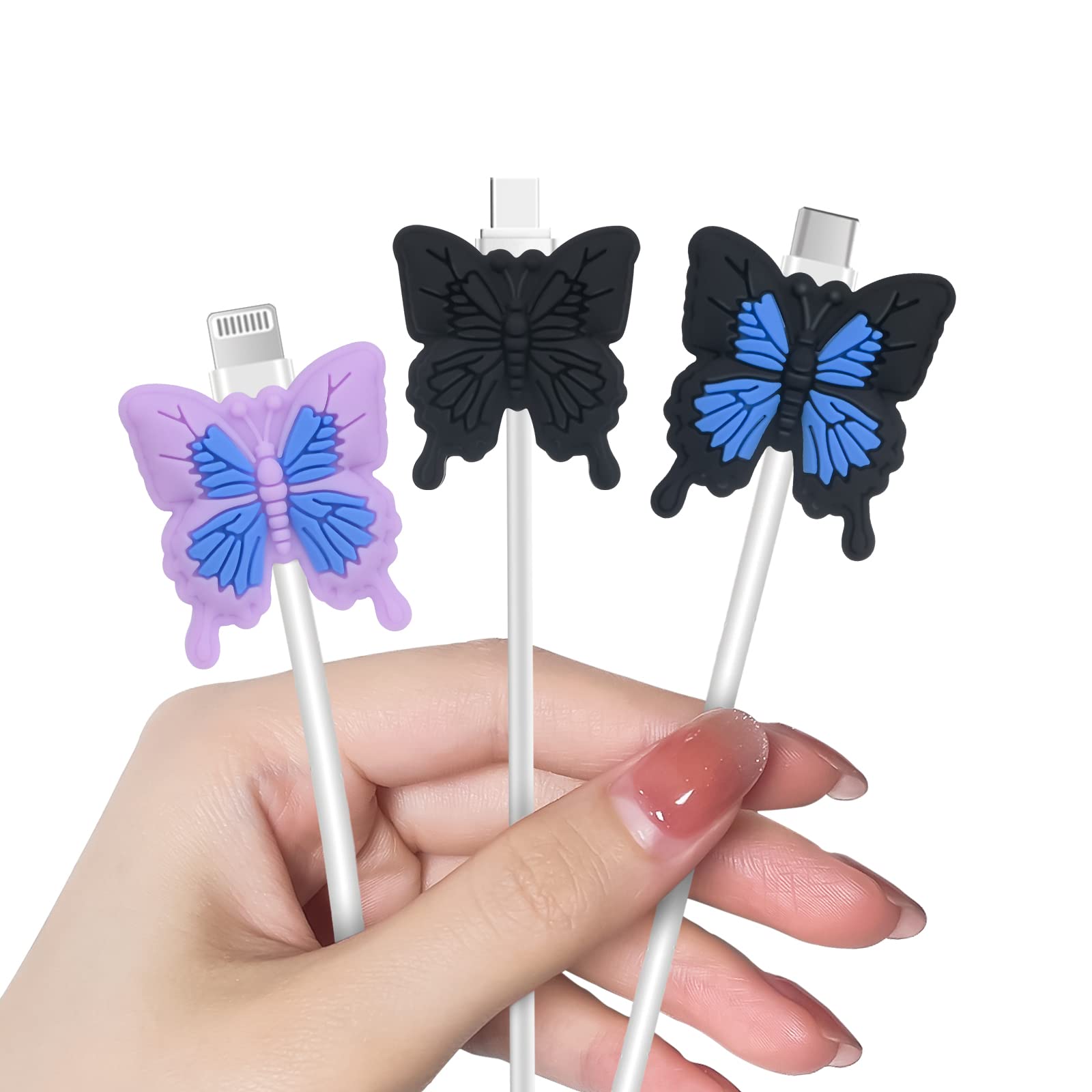 Kawaii Cable Protector for iPhone Type-c Charger,Cute Lovely Cartoon 3D Butterfly Design 3 PCS Set Silicone Phone Cable Protector,Charging Cord Protector,Cable Chomper,Charger Saver
