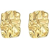 ENVYOU Gold Plated Geometric Rectangle Stud Earrings Irregular Hammered Chunky Statement Square Earrings for Women Trendy