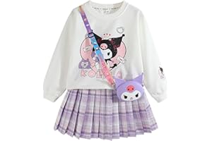 Satdflie Girls 3 Piece Outfits Cartoon Crewneck Long Sleeve Pullover Sweatshirt + Plaid Pleated Mini Skirt + Bag Sets