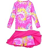 Bathing Suits for Girls 7-8 Years Old 2 Piece Long Sleeve Skirt Swimwear Rose Yellow Flower Swimsuit Sets with Skirt
