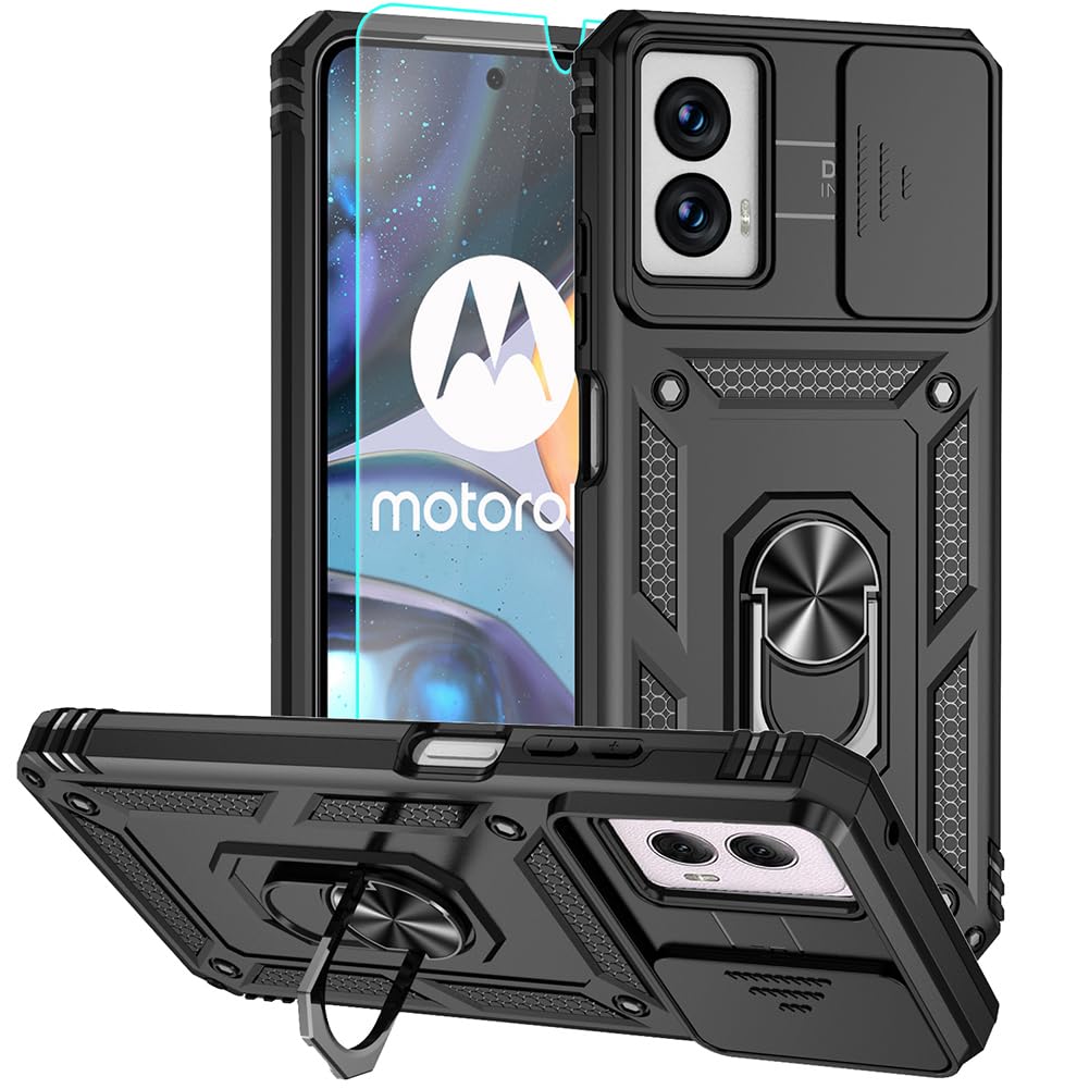 for Moto G Power 5G 2024 Case, Silicone Rubber Bumper Hard Plastic Phone Case with [Sliding Camera Lens Cover] [360° Rotatable Kickstand Ring] [HD Screen Protector] for Motorola G Power 2024 Black