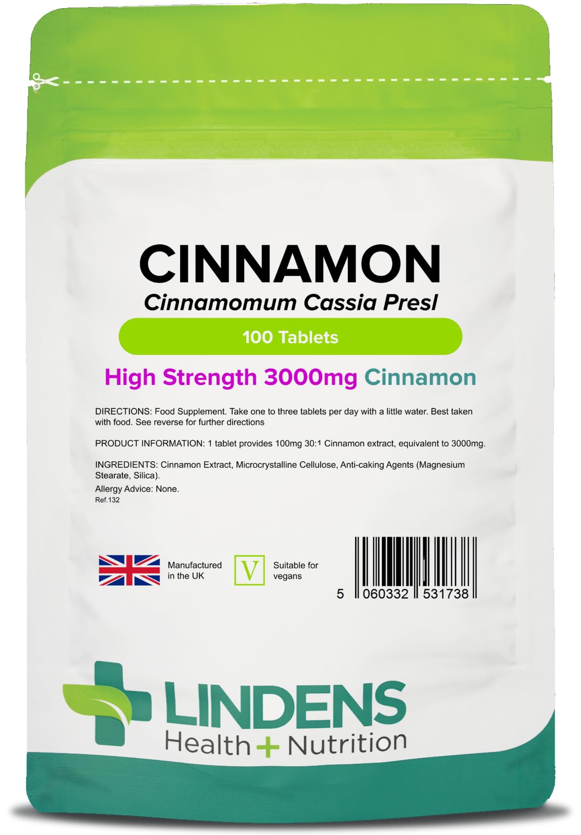 Lindens - Cinnamon 3000mg, 100 Tablets - UK Made, Super Concentrated 30X Extract - Equivalent to 3000mg of Dried Cinnamon, Traditionally Used for Millennia - Letterbox Friendly, Vegan