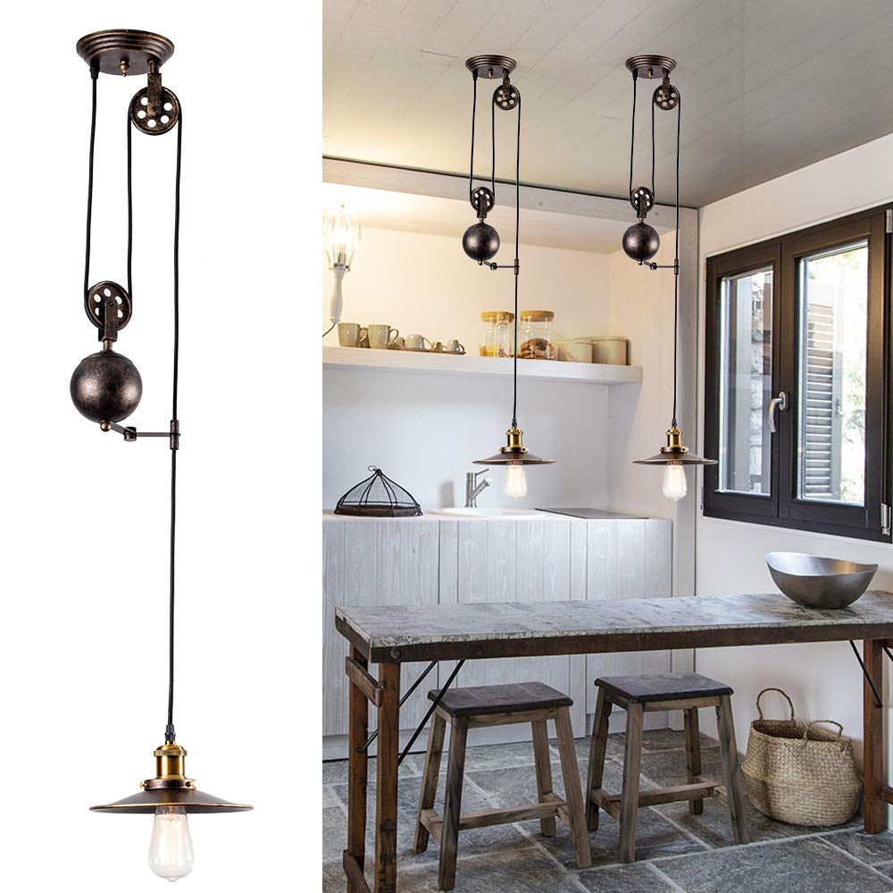 Industrial Retractable Pulley Pendant Light Oil Rubbed Bronze Finish, Vintage Design Ceiling Light for Bar, Pub, Restuaurant, Gallery, Cafe