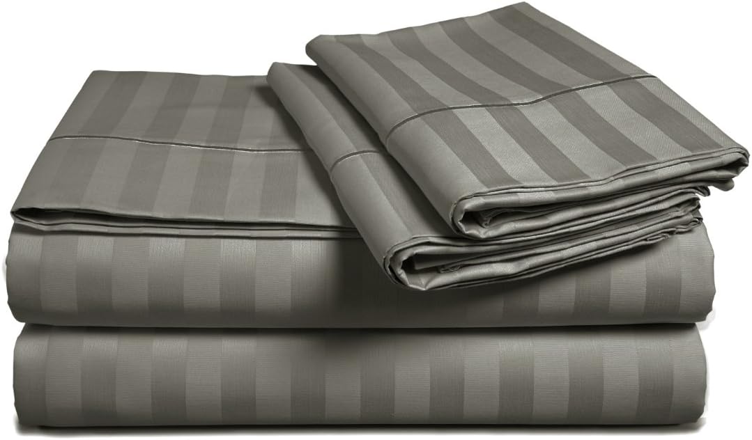 Chateau Home Collection 100% Egyptian Cotton 4-Piece Sheet Set 500 Thread Count 16 inch Deep Pockets (fits Upto 18" mattresses) Damask Stripe Sateen Weave Hotel Comfort Bedding (Queen, Charcoal Grey)