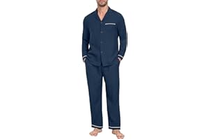 PrinStory Men's Pajamas Set Sleepwear Pjs Lightweight Long Sleeve Button Down Notched Collar Pajama Comfy Sleep Sets S-2XL