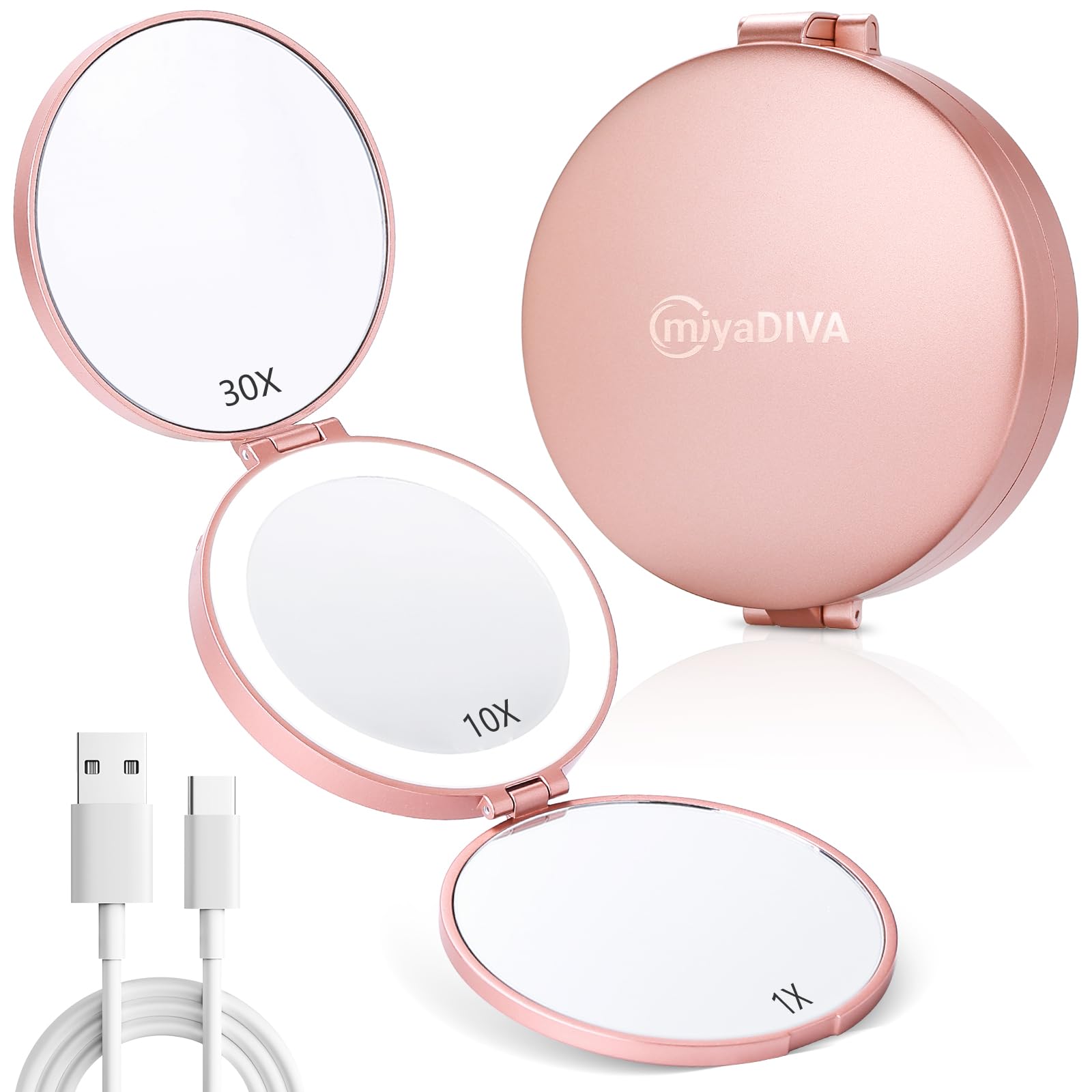 MIYADIVA Compact Travel Mirror with Light - 1X/10X/30X Magnification, Brightness Adjustment & 3 Color Lights