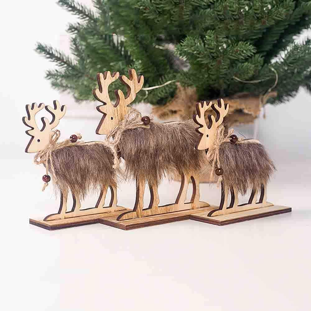 RTWAY Wooden Christmas Reindeer Figurine,3Pcs Xmas Deer Tabletop Ornaments Crafts Gifts for Home Christmas Party Decor