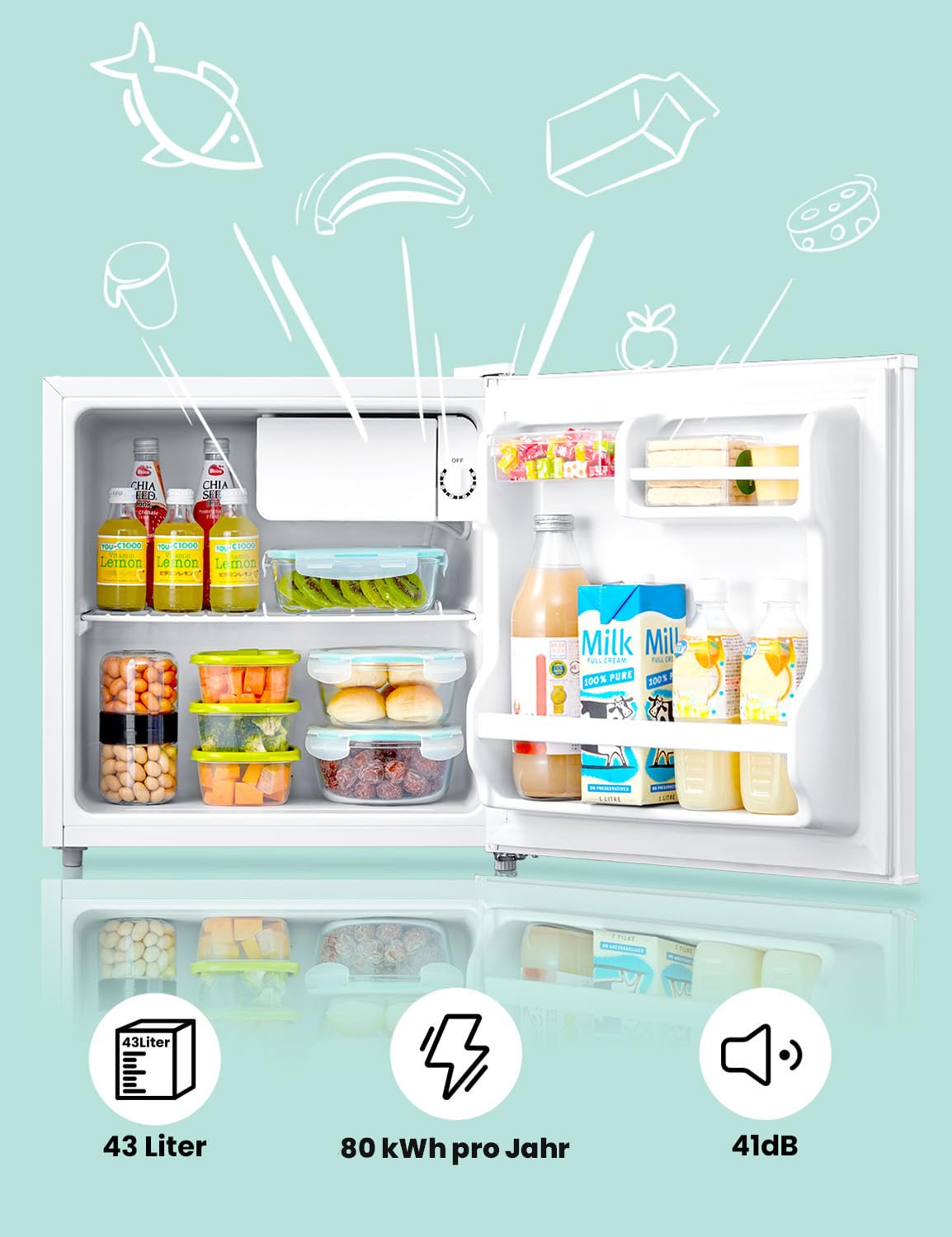 Comfee RCD50WH2(E) Mini Kühlschrank / 43L Kühlbox mit Eisfach/Kühlschrank Klein für Zimmer & Büro/Schnelle Kühlung in der Chiller Box/Temperaturregelung/Verstellbare Füße / 80 kWh/Jahr/Weiß 3