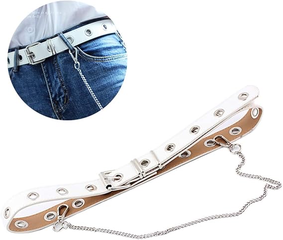 Amazon Huture ホワイトベルト レディース メンズ ジーンズベルト ホワイト Puレザーベルト グロメットベルト ヒップホップ ウォレットチェーン レザーベルト スクエアバックル パンクベルト レディース 調節可能なバックル ウエストベルト ドレスジャンプスーツ用