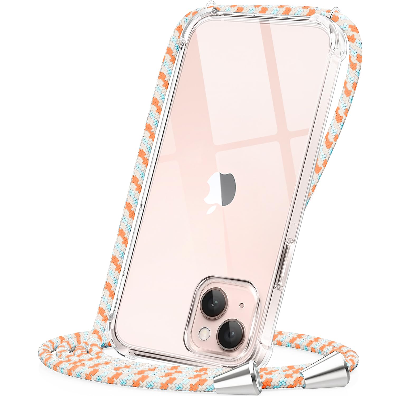 CAROKI for iPhone 13 Clear Crossbody Phone Case with Adjustable Cord Strap TPU Soft Protective Cover Neck Lanyard Shockproof & Hands-Free Carrying-Orange Blue