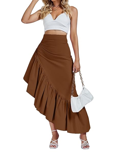 UMENLELE WOMEN’S RUCHED RUFFLE HIGH LOW ASYMMETRICAL HEM HIGH WAIST MIDI SKIRT BROWN X-LARGE