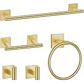 TURS Brushed Gold 5 Piece Bathroom Hardware Accessories Set, SUS304 Stainless Steel Bath Towel Bar Set, 24 Inch Round Bathroom Towel Holder Set Wall Mounted