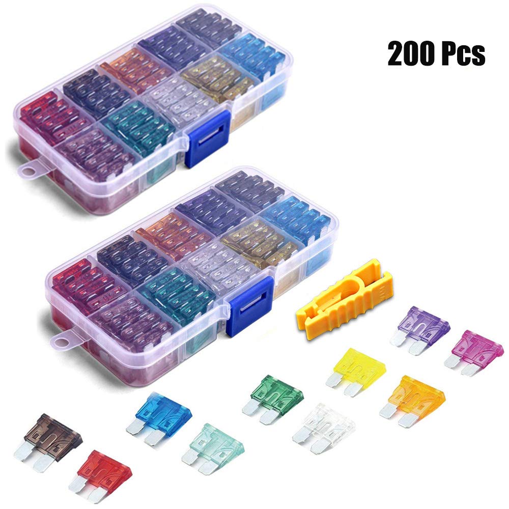 200Pcs Car Blade Fuses Assortment Set with Mini Puller - ECLEAR Standard Durable Assorted Fuses Replacement Kit - 2A 3A 5A 7.5 A 10A 15A 20A 25A 30A 35A Puller for Auto Truck Boat Marine RV SUV