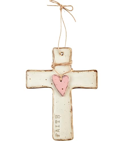 Mud Pie Piccola Croce In Terracotta Smaltata Con Perline Grosse – Colore Bianco – Decorazione Rustica E Spirituale