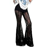 GORGLITTER Women's Lace Mesh Bell Bottom Rave Pants High Waisted Sexy Sheer Gothic Flared Leggings Trousers