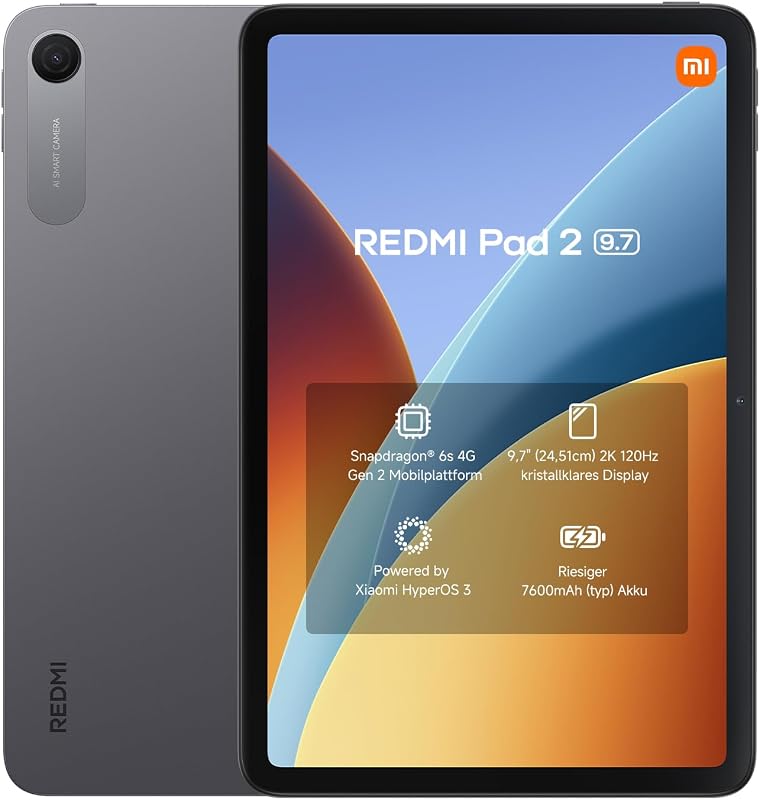 Redmi Pad 2 Tablet 9,7 Zoll, 4GB + 64GB, Snapdragon 6s Gen 2, 2K 120Hz Display, 7600mAh Akku, Graphite Grau, 3 Jahre Garantie, ohne Ladegerät