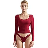 SUUKSESS Women Double Lined Fitted Basic T Shirts Scoop Neck Long Sleeve Crop Top