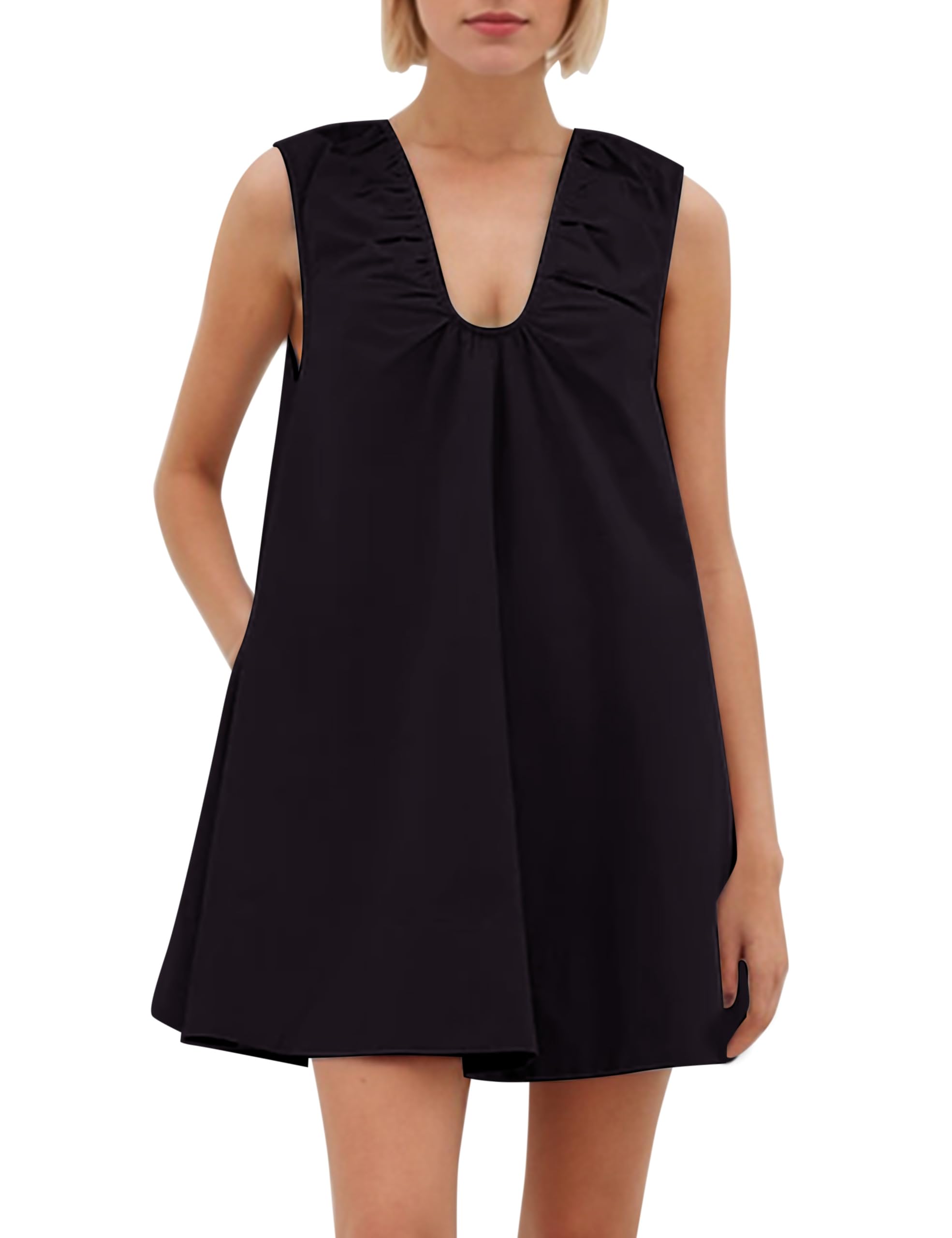 Photo 1 of HOCANDY Womens Preppy Babydoll Tank Mini Dress Scoop Neck Short Sundress Loose Ruched U Neck Summer Party Dresse with Pockets Black