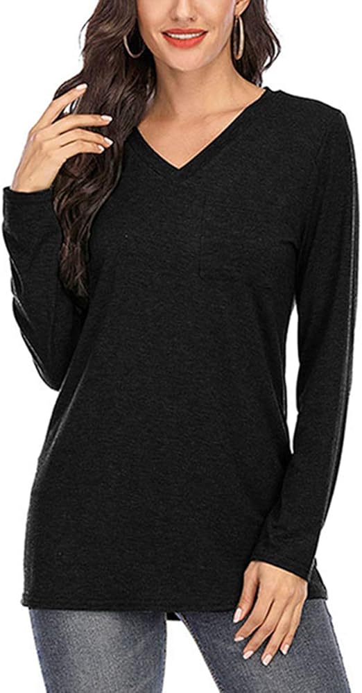 fyclemt Womens Long Sleeve V Neck Tunic Tops Loose Casual Shirts with Pocket at Amazon Womenâs 