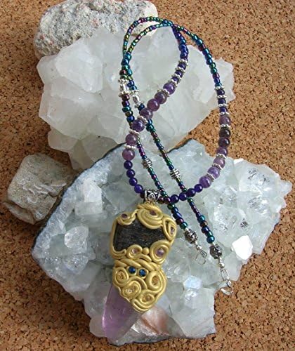 Clay Wrapped Crystal Pendant made with Amethyst Citrine Blue Aventurine Gold on Amethyst Blue Aventurine Glass Beads Crystal Beaded Matinee Length Necklace