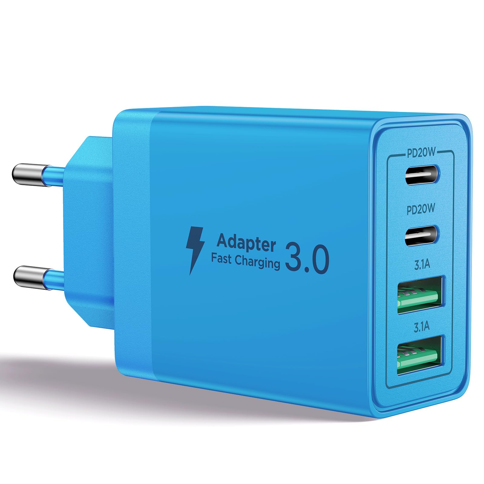 Aioneus USB-C Power Supply, 4-Port USB Charger with Quick Charge & Power Delivery, 40 W Fast Charger Charging Plug for iPhone 17/16/15/14/13 Series, Samsung Galaxy and Other Devices (Azure Blue)