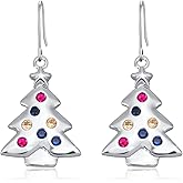 Christmas Tree Earrings, Silver Red Green Earrings Sparkling Cubic Zirconia Dangle Earring 18K White Gold Colorful Rhinestone Xmas Earring Jewelry Gifts for Women Lady Girl with Gift Card & Box