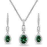 B. BRILLIANT Sterling Silver Genuine or Synthetic Gemstone Oval Halo Pendant Necklace & Dangle Earrings Jewelry Set for Women with Box