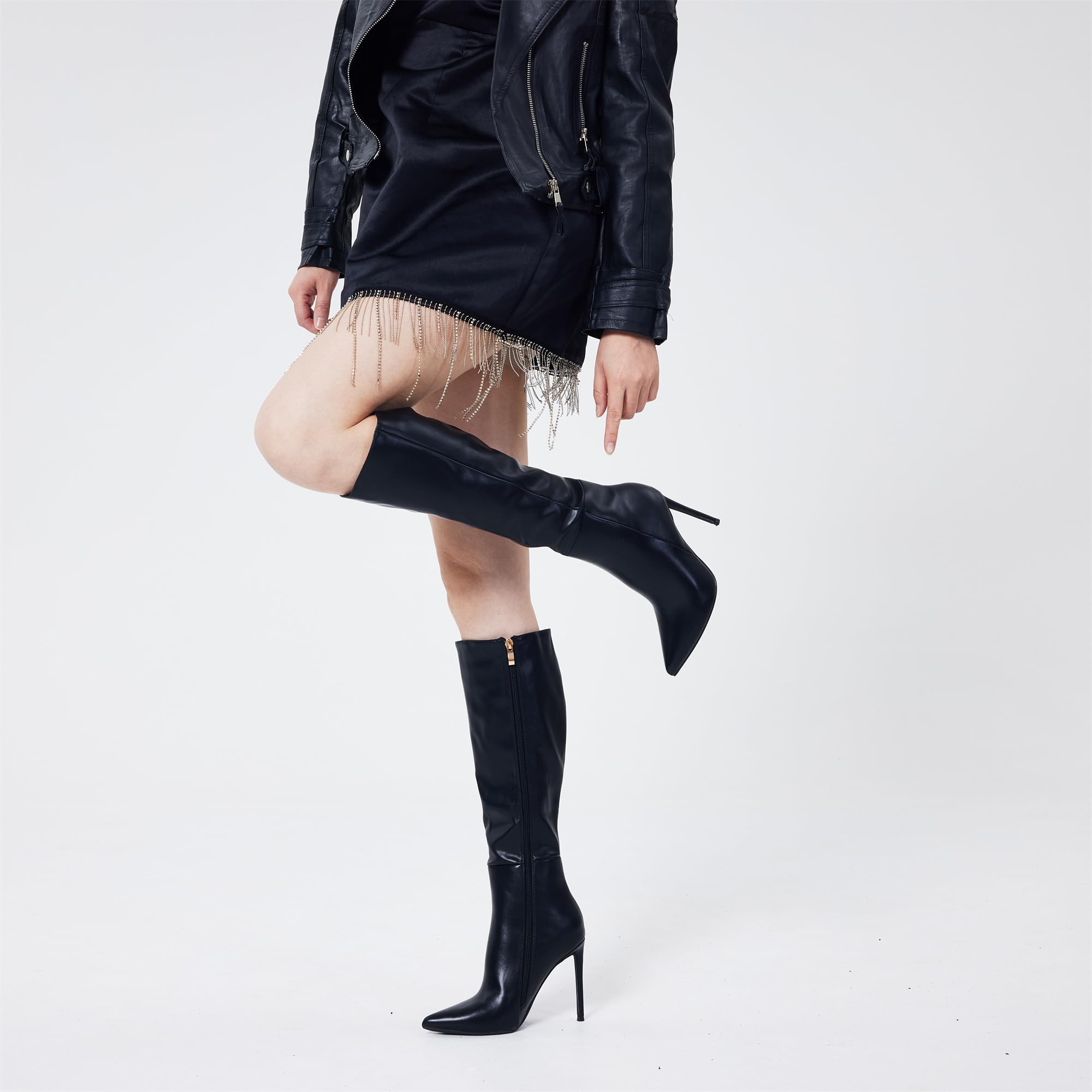 Elisabet Tang 4 inch Women's Knee High Long Boots, Stiletto Tall Pointed Toe Heeled Boot Leather Suede Comfortable Sexy