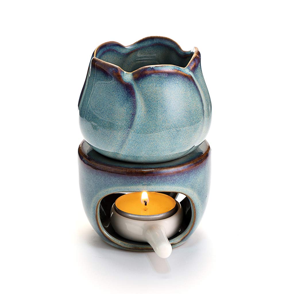 BSTKEY Ceramic Essential Oil Burner Wax Melt Burner with Candle Spoon, Decorative Aroma Tealight Candle Holder Oil Burner for Wax Melt, Flower Model (Blue)