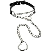 paloli Vegan Leather Choker Necklace with Heart Chain – Adjustable Strap Punk Gothic Collar with Cute Heart Metal O-Rings, Stylish Jewelry for Women