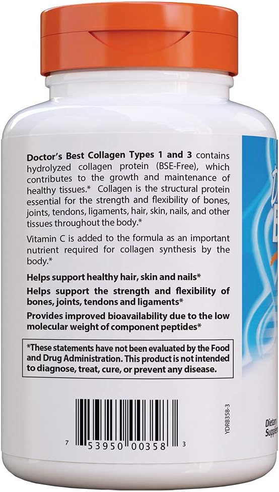 Doctor's Best Collagen Types 1 & 3 with Peptan, Non-GMO, Gluten Free, Soy Free, Supports Hair, Skin, Nails, Tendons & Bones, 1000 Mg, 540 Tablets: Health & Personal Care