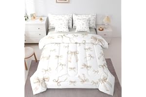 Erosebridal Coquette Beige Bow 7 Piece Comforter Set Full Bed in A Bag Cute Bows Bowknot Bedding Set for Girls Kawaii Preppy 