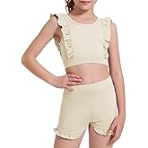 CharmWM Girls 2 Piece Outfits Athletic Ruffle Short Sets Training Bra Crop Tank with High Waisted Dance Shorts 3-10Years