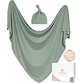 MairMore Baby Swaddle Receiving Blankets with Matching Beanie Set Newborn Nursery Swaddle Wrap for Baby Girls and Boys (Green)
