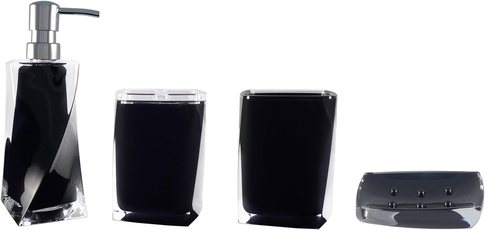 MARCUS HOME Exquisite 4-Piece Acrylic Plastic Bathroom Accessory Set, Includes Soap Dish, Toothbrush Holder, Tumbler and Dispenser/Black