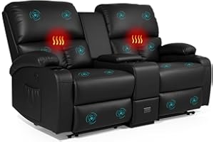 CHABATREE Home Theater Seating,RV Recliner Sofa with Massage and Heat,Manual RV Recliner Loveseat with USB/Cup Holders and Side Pocket for Living Room,Loveseat Black