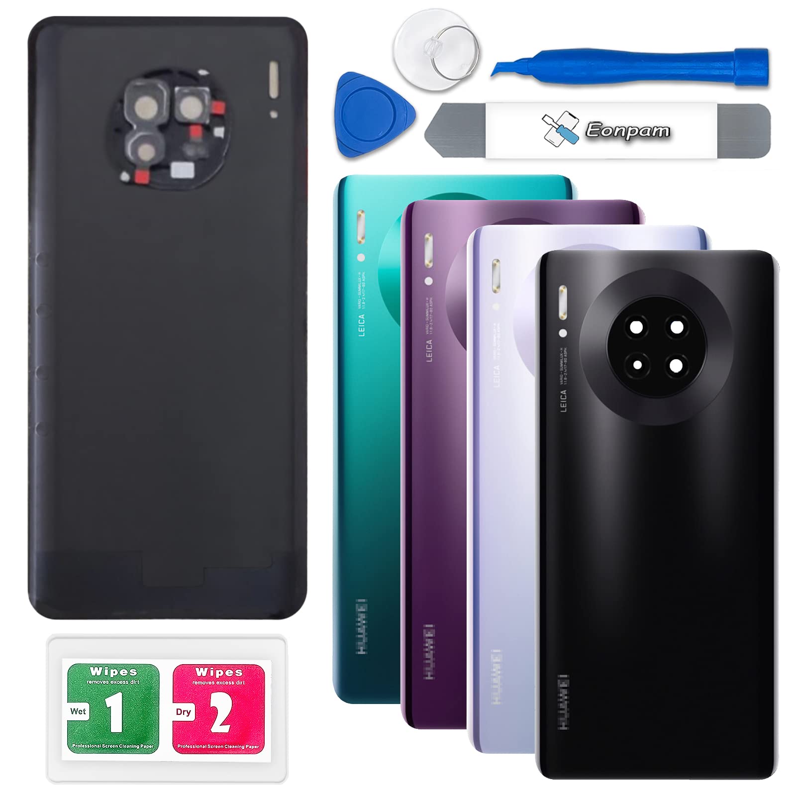 Eonpam Back Cover Glass for Huawei Mate 30 Rear Glass Replacement with Camera Lens + Repair Kit Genuine Rear Housing (Black)