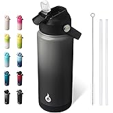 BJPKPK Water Bottle with Straw Lid, 24oz Vacuum Insulated Water Bottles, Metal Stainless Steel Thermo for Sports, Travel, BPA Free Leak Proof Thermo, Cups, Flasks, Tumblers,Black Grey