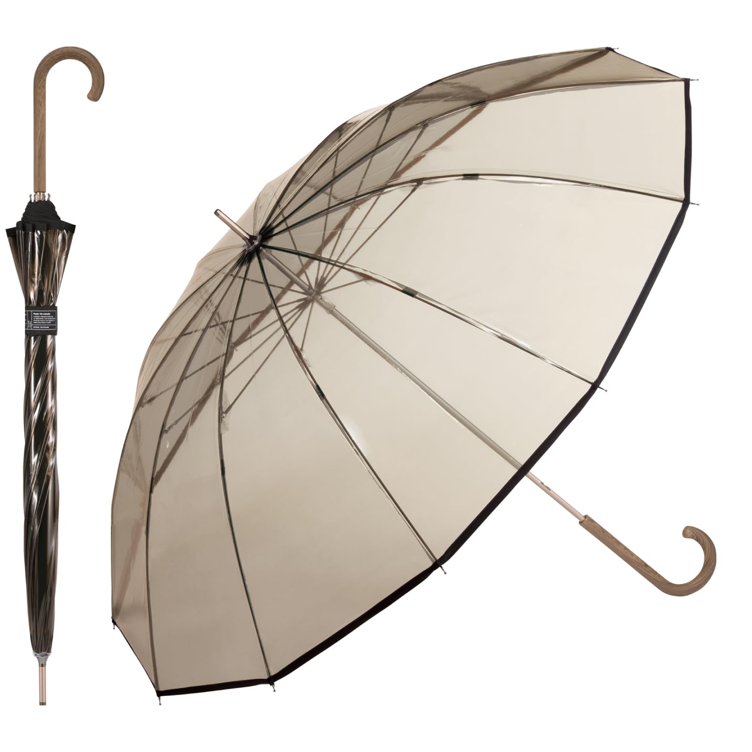 Wpc. ［ビニール傘］PLASTIC 12K UMBRELLA ブラウン 親骨63cm 大きい メンズ レディース 耐風 丈夫 持ち手 太め 木目 おしゃれ シンプル 無地 男性 女性 12本骨 UX06-001-001 の商品画像