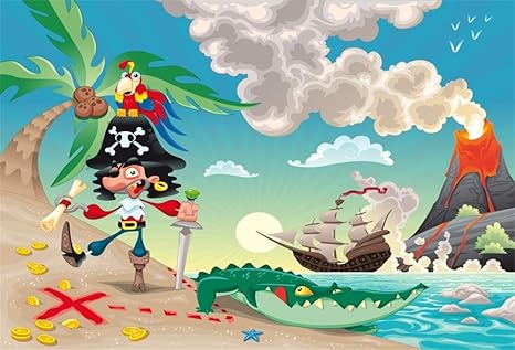 Cassisy 3x2m Vinyle Mer Toile De Fond Photo Modèle De Dessin Animé Plage De Sable Tropicale Bateau De Pirate Sunny Sky Fond De Studio Photo Enfant