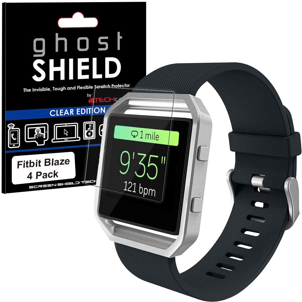 TECHGEAR [4 Pack] Screen Protectors to fit Fitbit Blaze [ghostSHIELD Edition] Genuine Reinforced Flexible TPU Screen Protector Guard Covers with Full Screen Coverage inc Curved Screen