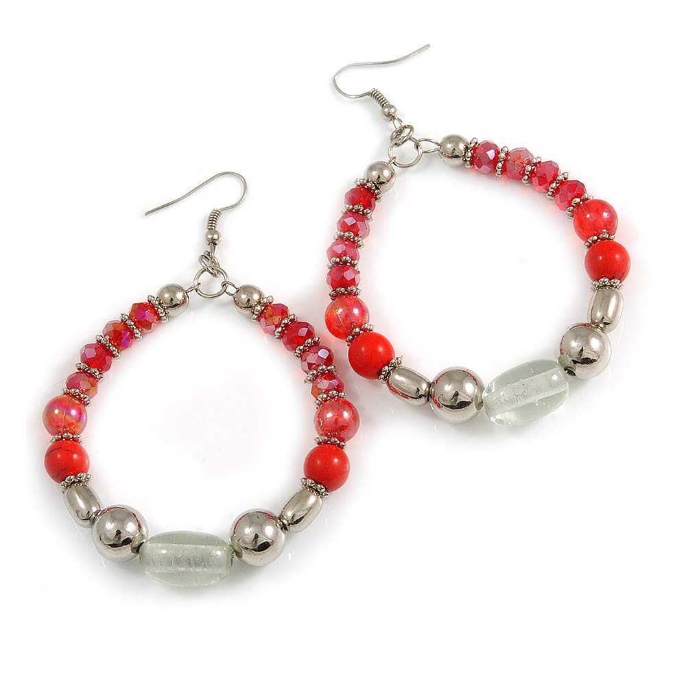 Red/Silver/Transparent Ceramic/Glass Bead Hoop Earrings In Silver Tone - 80mm Long