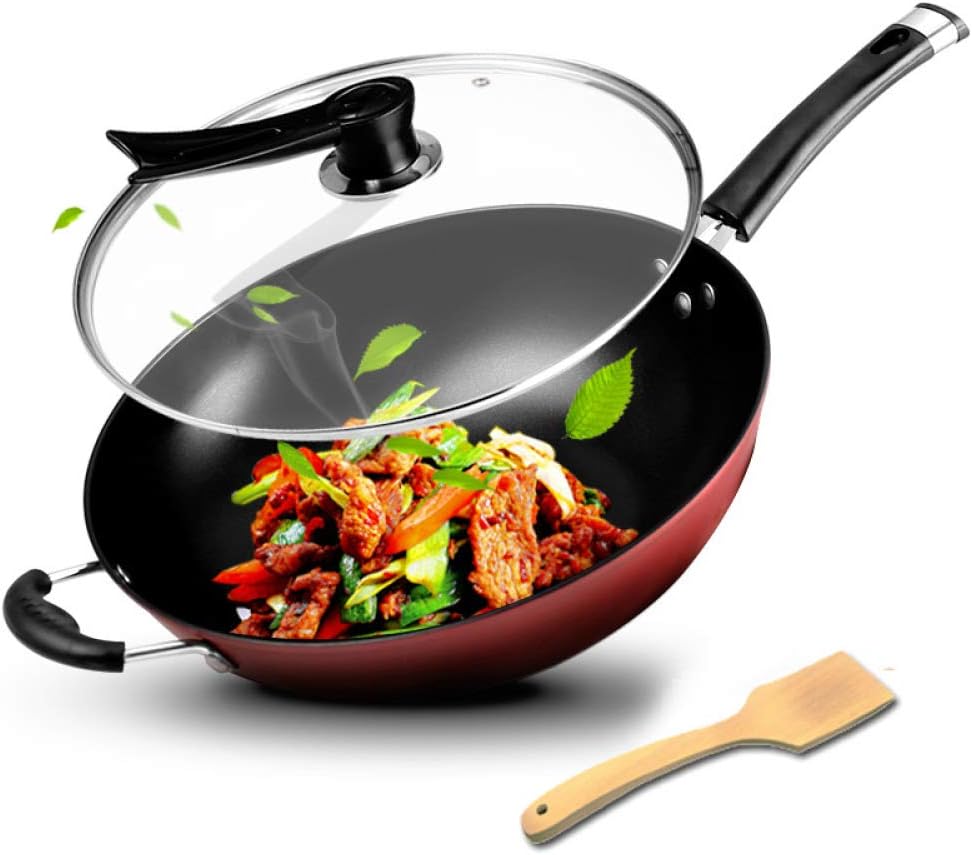 HLH Nonstick Pan Safe Wok, Tempered Glass Cover, 32cm,Winered32cm
