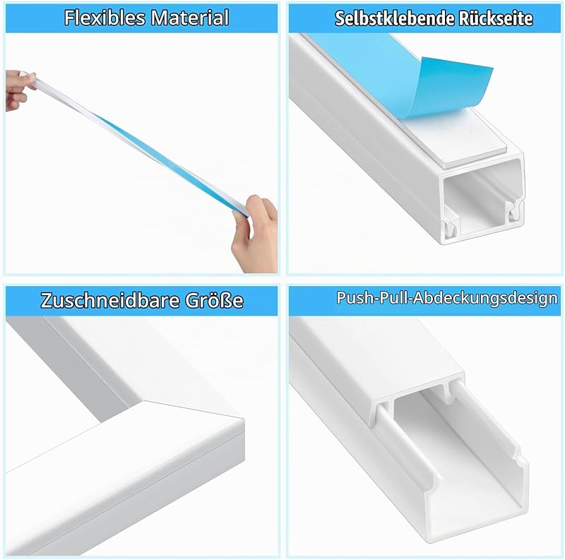 Kabelkanal Weiß Selbstklebend(0,4m*12mm*12mm), 10 Stück Kabelkanal mit Schaumstoffband bereit, Montage an der Wand für Kabelmanagement Kabelführung