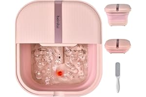 Beinilai Foot Bath Spa with Heat, Bubble Massage and Vibration,Collapsible Foot Soak Tub,2 Feet Rollers, Acupressure Massage Points, Red Light and Foot Scrubber, Pedicure Foot Spa for Women(Pink)