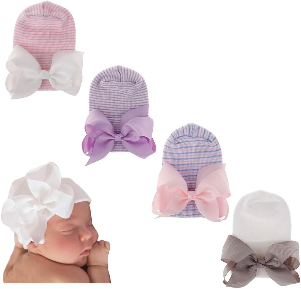 Newborn Hospital Hat Infant Baby Hat Caps with Bow Soft Cute Nursery Beanie Hat