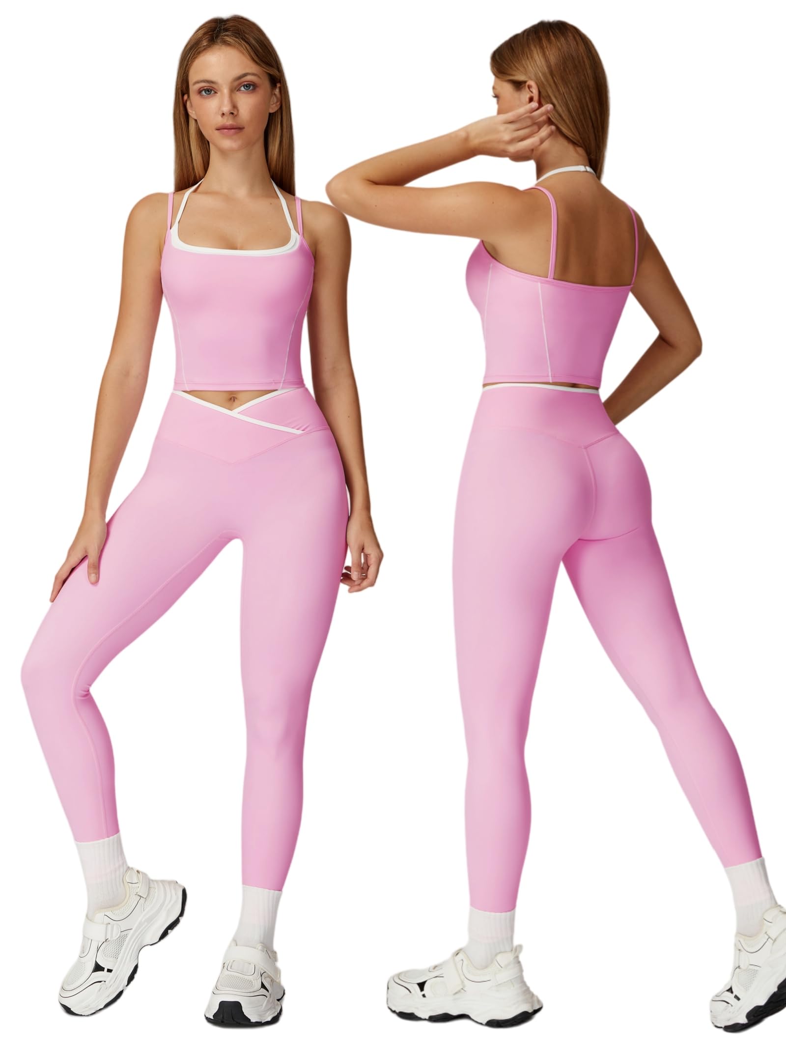 Photo 1 of ABOCIW Workout Sets for Women 2 Piece Color Block Layered Cropped Tank Top Crossover High Waist Leggings Gym Sets Active Wear Yoga Pilates Outfits Crossover Pink Small